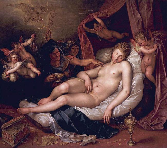 Hendrick Goltzius Danae receiving Jupiter as a shower of gold. Germany oil painting art